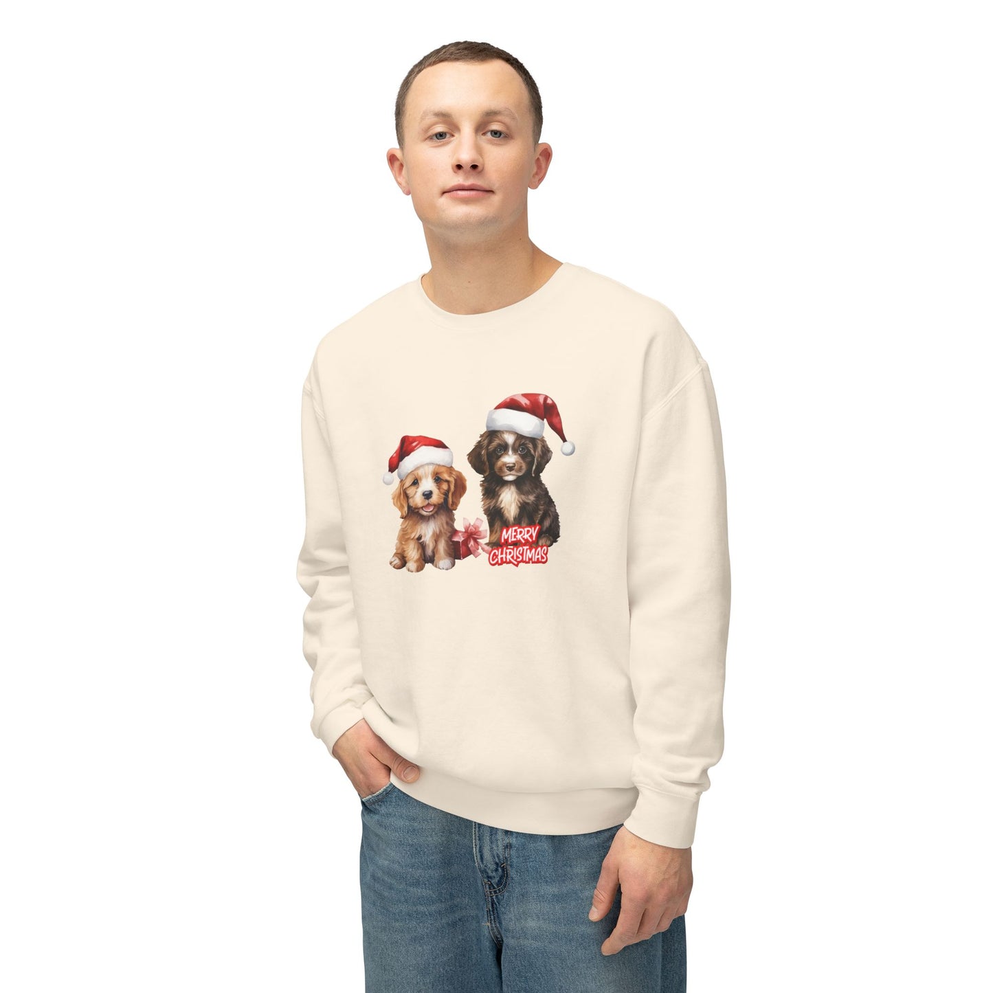 Two Puppies, Merry Christmas - Unisex Lightweight Crewneck Sweatshirt - 10269