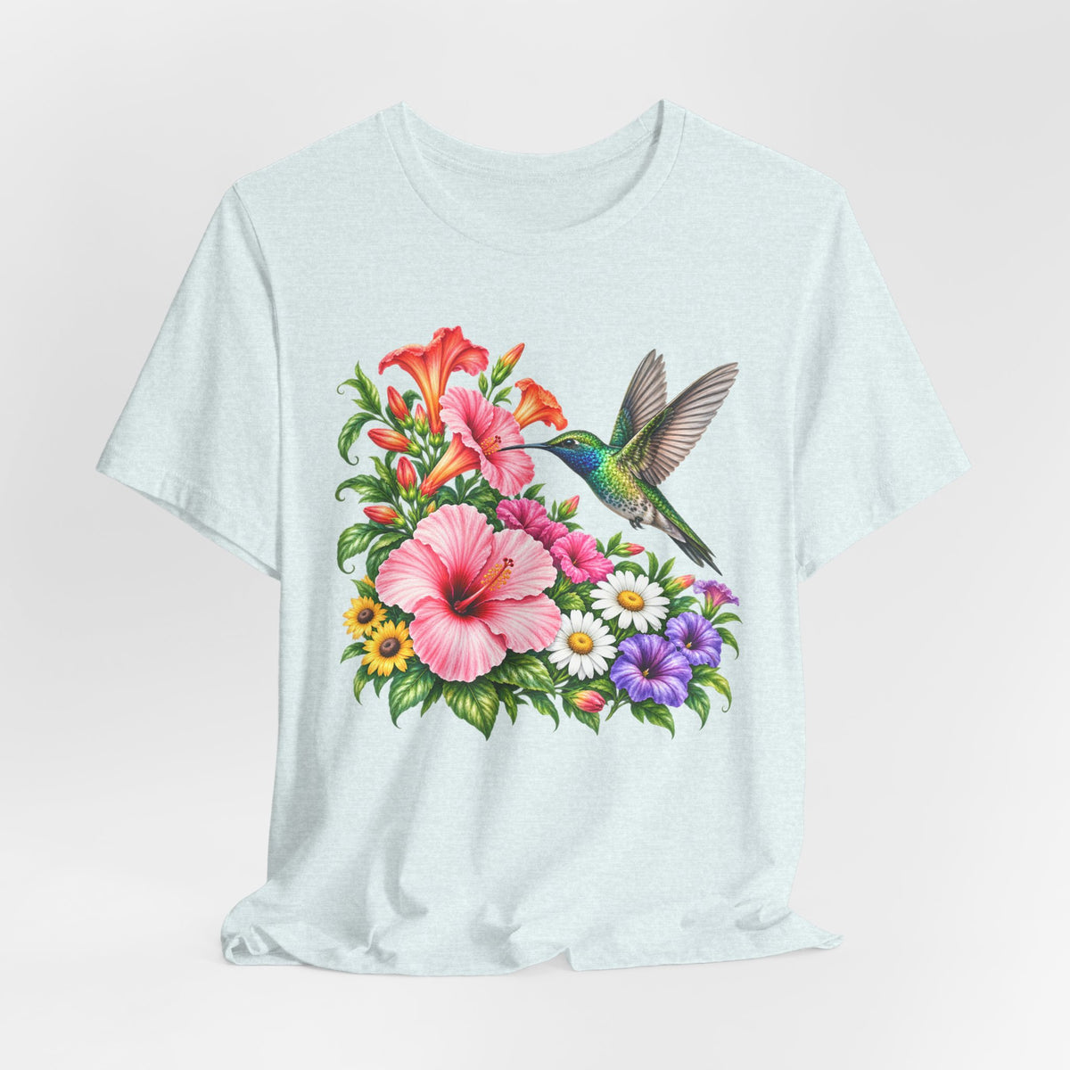 Hummingbird & Hibiscus T-Shirt, Colorful Tropical Floral Garden Tee - 14542