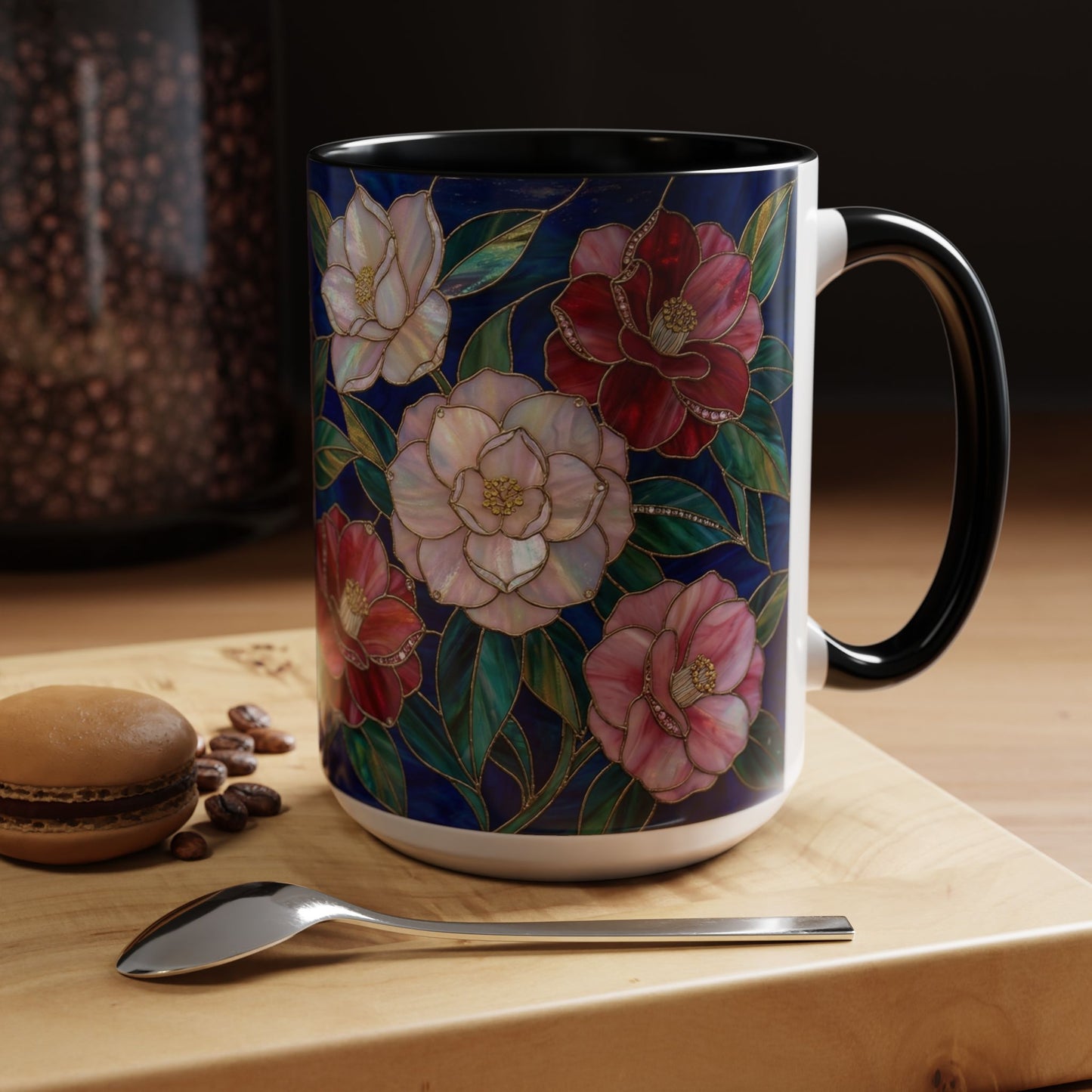 Camellia Floral Accent Coffee Mug — Stained Glass Design (11/15oz) - 14558