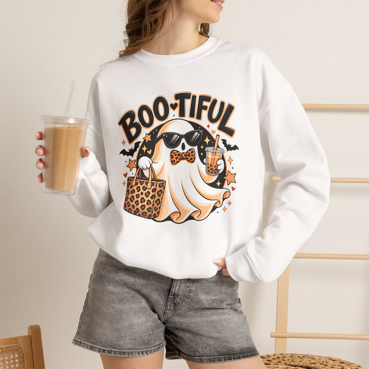Boo-tiful Halloween Ghost Sweatshirt,  Leopard Print Crewneck - 14523