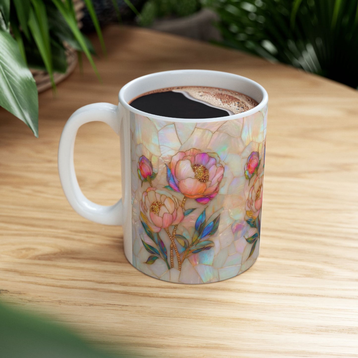 Floral Mosaic Ceramic Mug — Iridescent Peony Stained-Glass Design (11oz & 15oz) - 14518