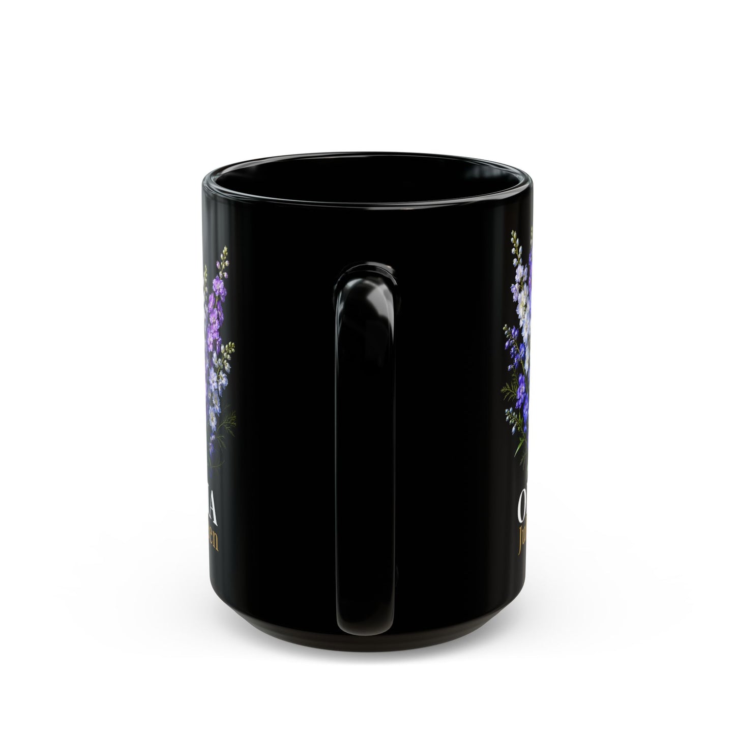 Personalized July Birth Flower Mug – Custom Name Larkspur Floral Coffee Cup, July Queen Gift for Her, Black Mug 11oz 15oz - 14907