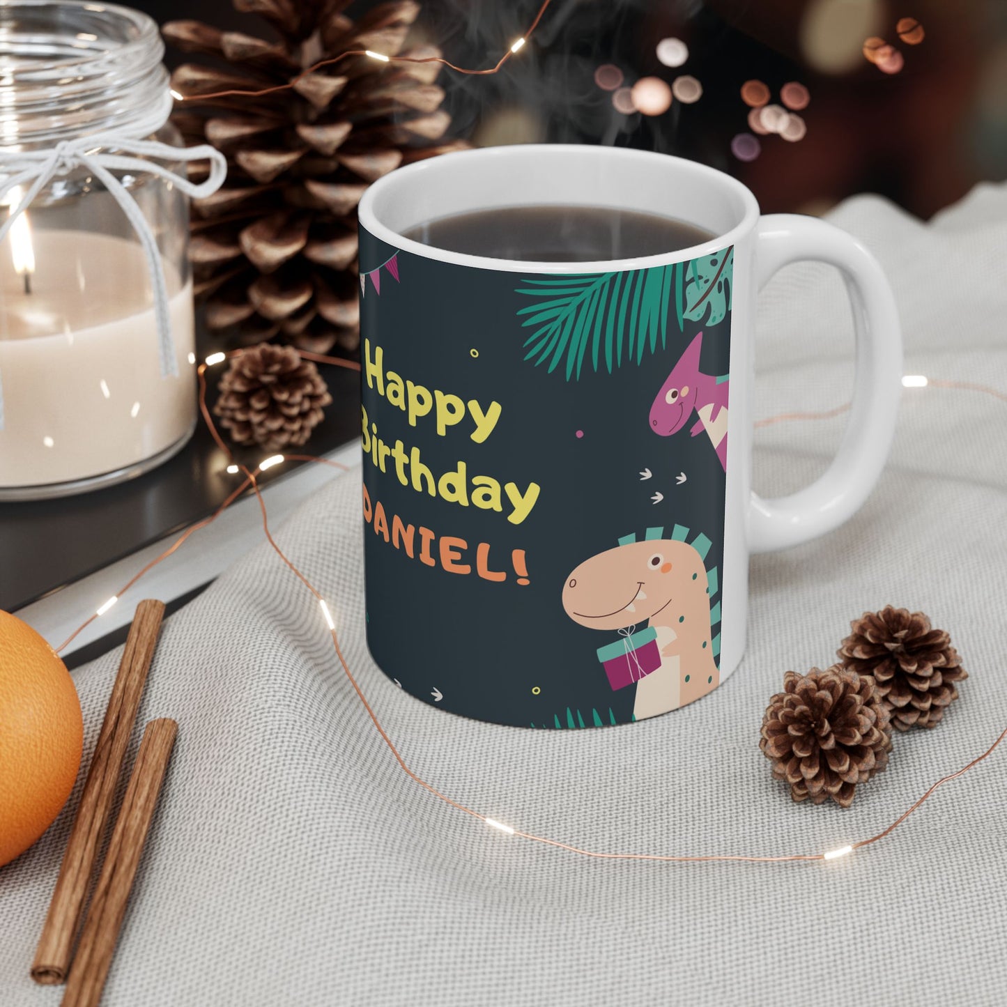 Happy Birthday, Dinosaur Lover, Photo & Name Customizable - Ceramic Mug, (11oz, 15oz) - 11238