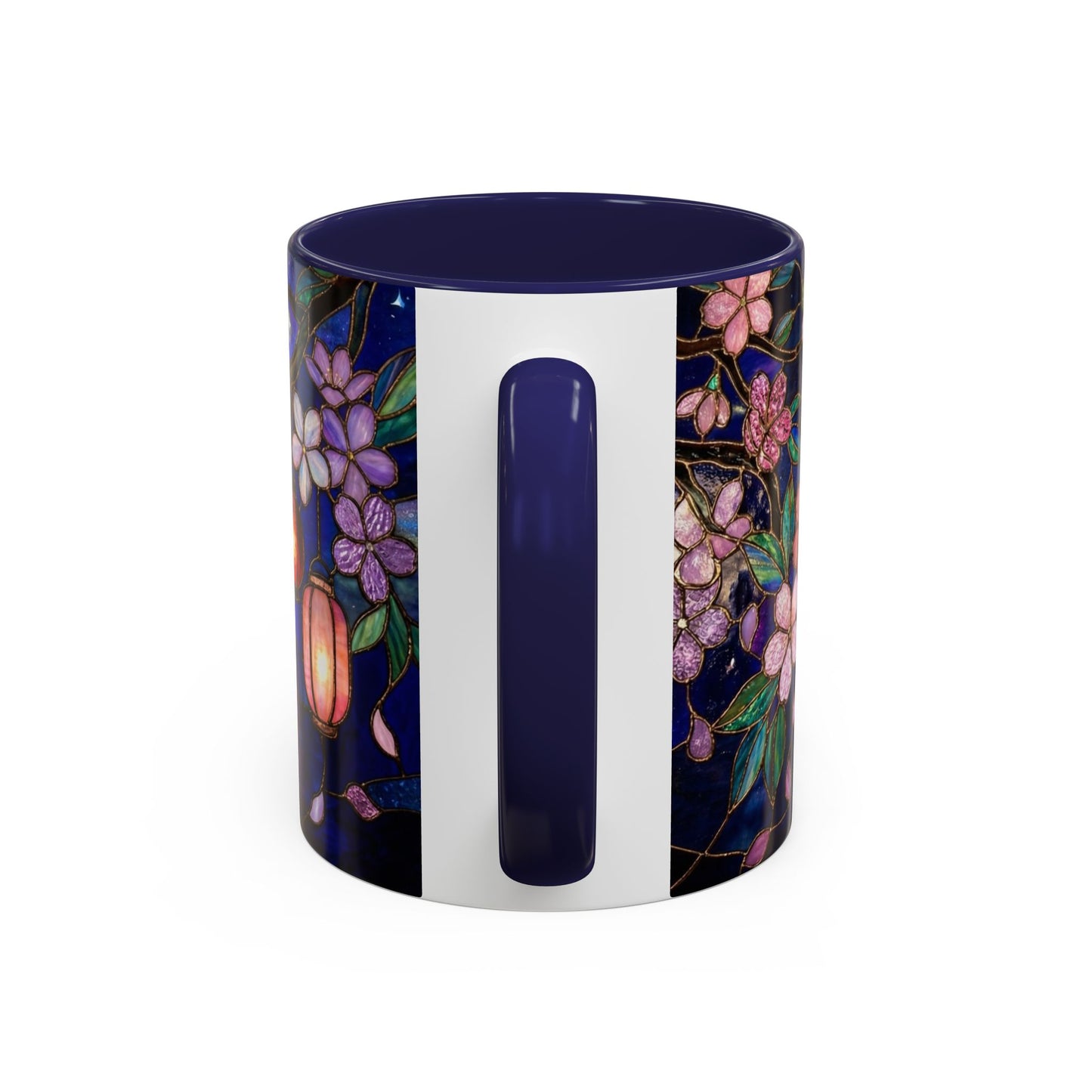 Cherry Blossom Lantern Coffee Mug — Floral Night Sky, Stained Glass Design (11/15 oz) - 14533