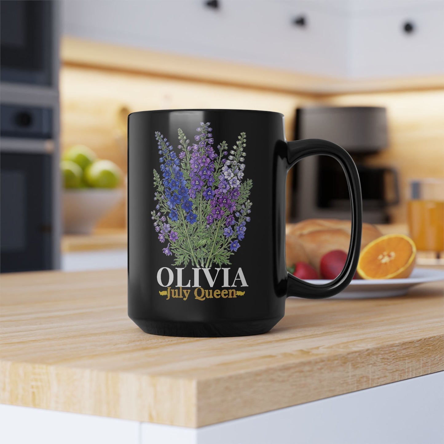 Personalized July Birth Flower Mug – Custom Name Larkspur Floral Coffee Cup, July Queen Gift for Her, Black Mug 11oz 15oz - 14905