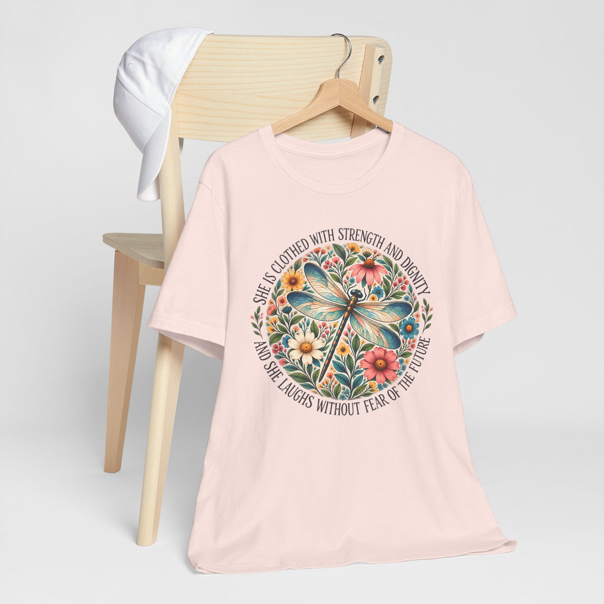 Dragonfly Floral T-Shirt, “She Is Clothed With Strength and Dignity” Inspirational Women’s Tee - 14993