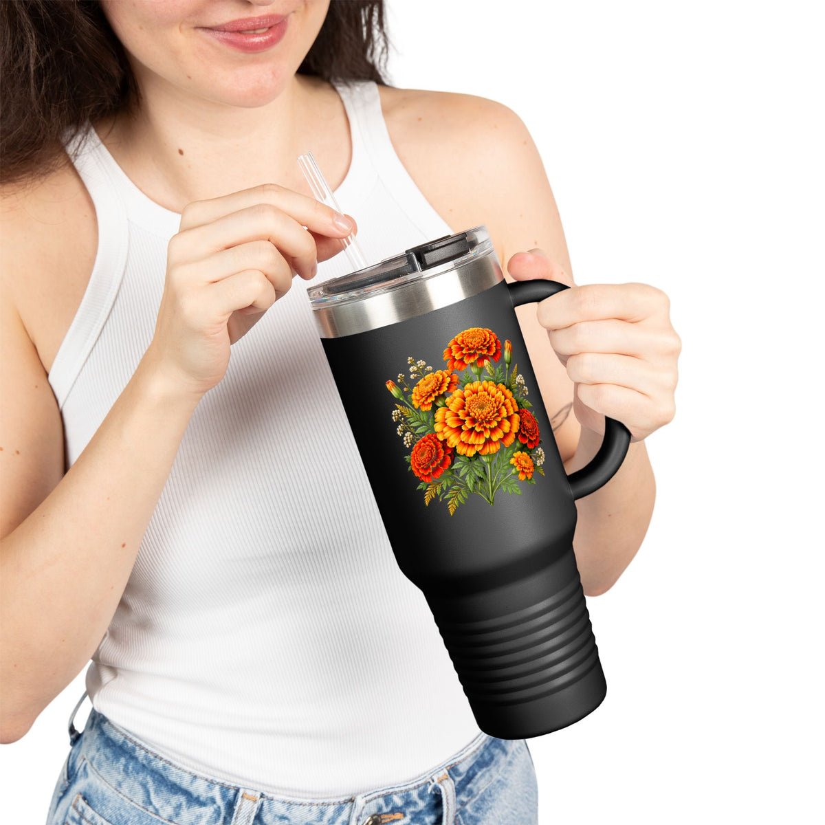 Personalized 40oz Marigold Travel Mug, October Birth Flower Tumbler - 14986