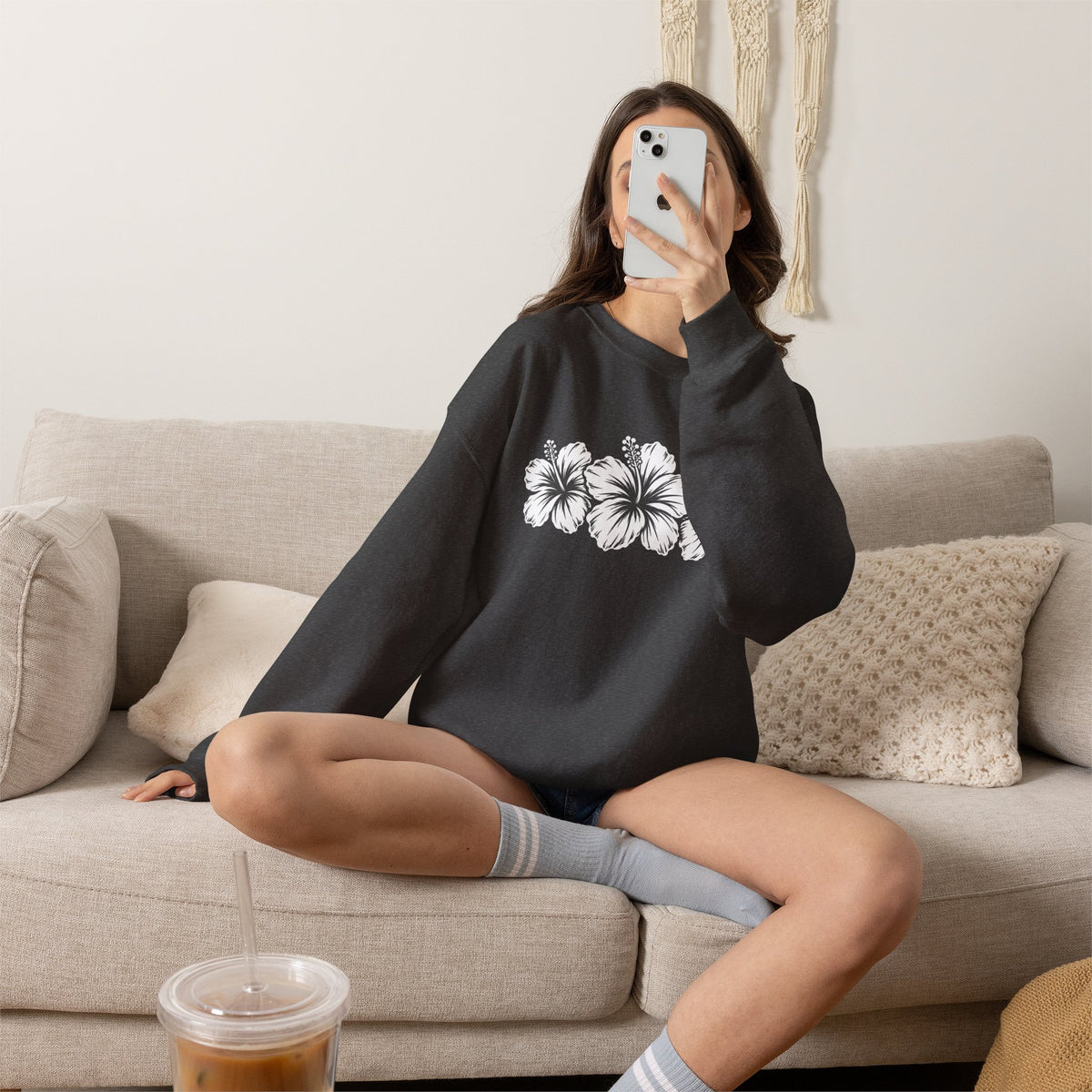 Hibiscus Floral Crewneck Sweatshirt,  Tropical Flower Graphic - 14996