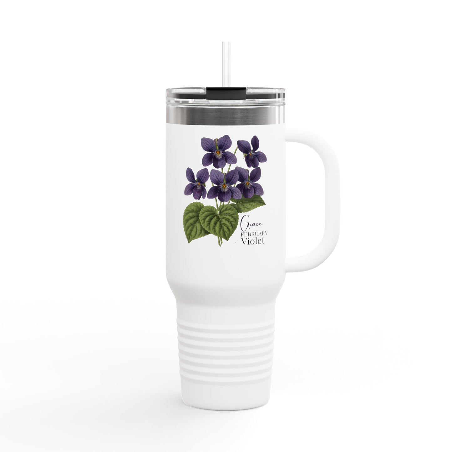 Violet Floral Tumbler – February Birth Flower Gift | 40oz Insulated Travel Mug, Customizable — 14688