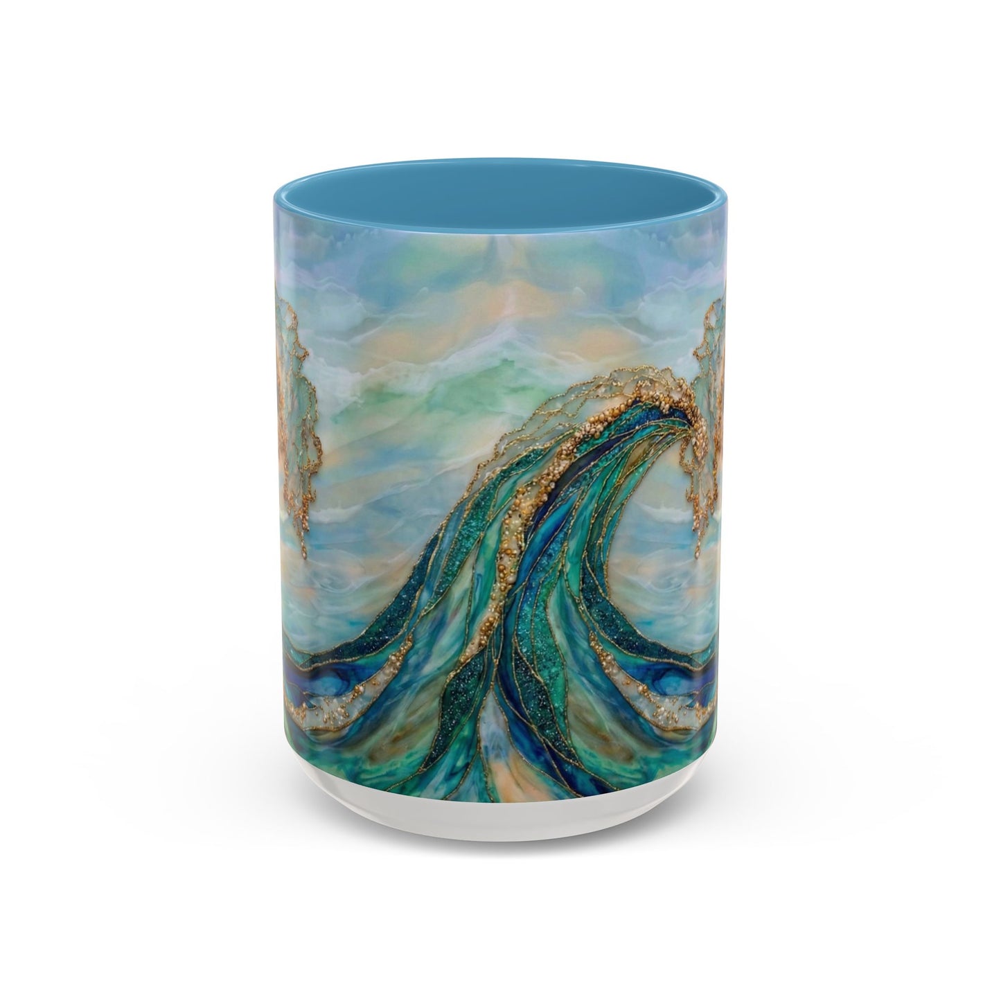 Ocean Heart Wave Coffee Mug — Teal Blue Accent Beachy Ceramic Mug (11/15oz) - 14521