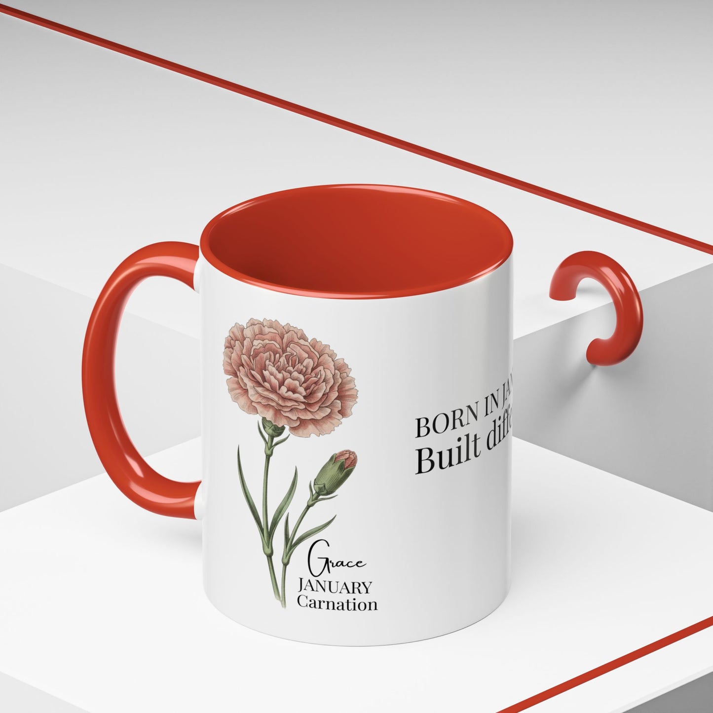January Carnation Birth Flower Accent Coffee Mug – Customizable (11oz / 15oz) - 14671