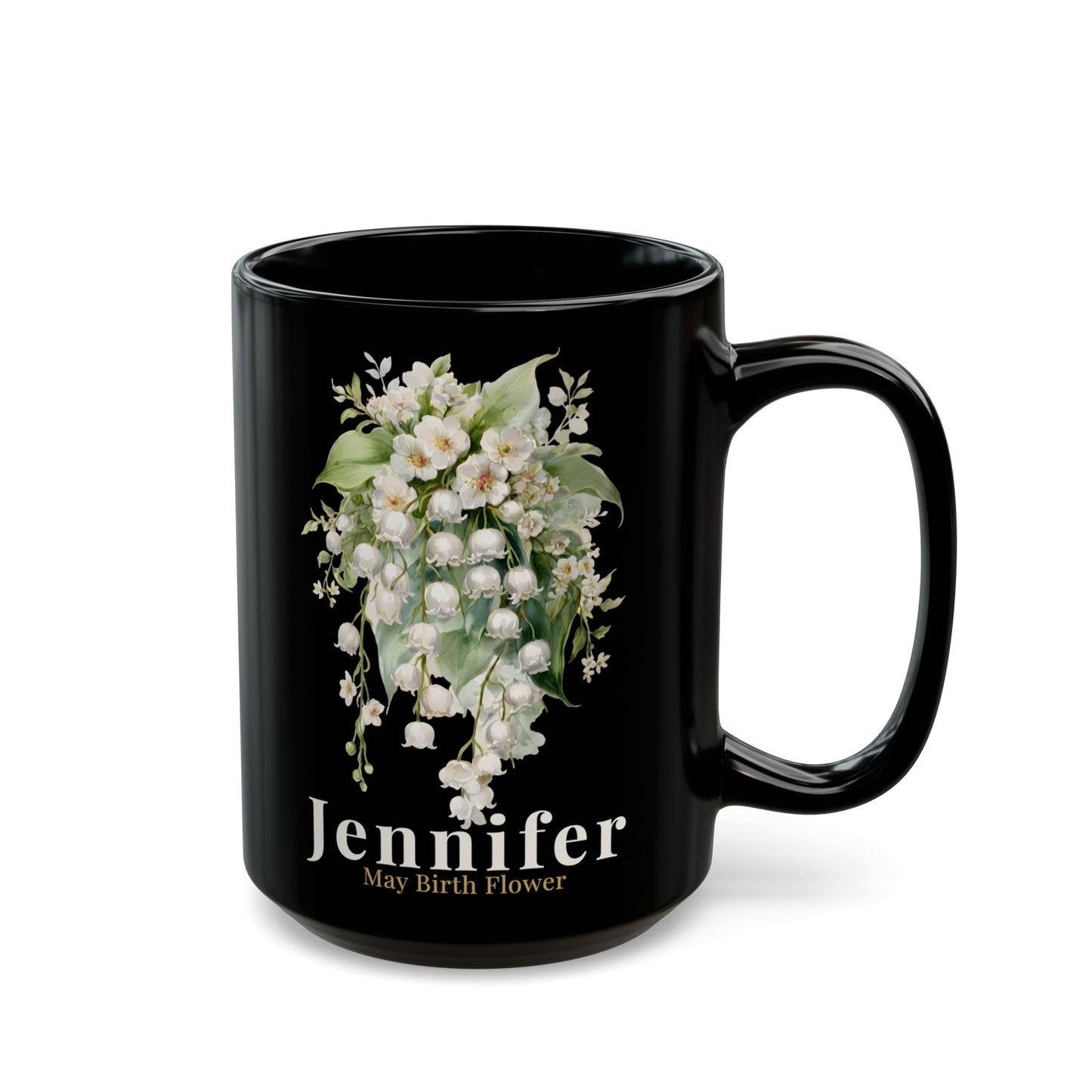 Custom Name May Birth Flower Mug – Lily of the Valley Personalized 15oz Black Mug Gift for Her - 14885