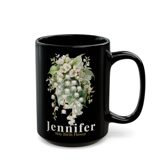 Custom Name May Birth Flower Mug – Lily of the Valley Personalized 15oz Black Mug Gift for Her - 14885