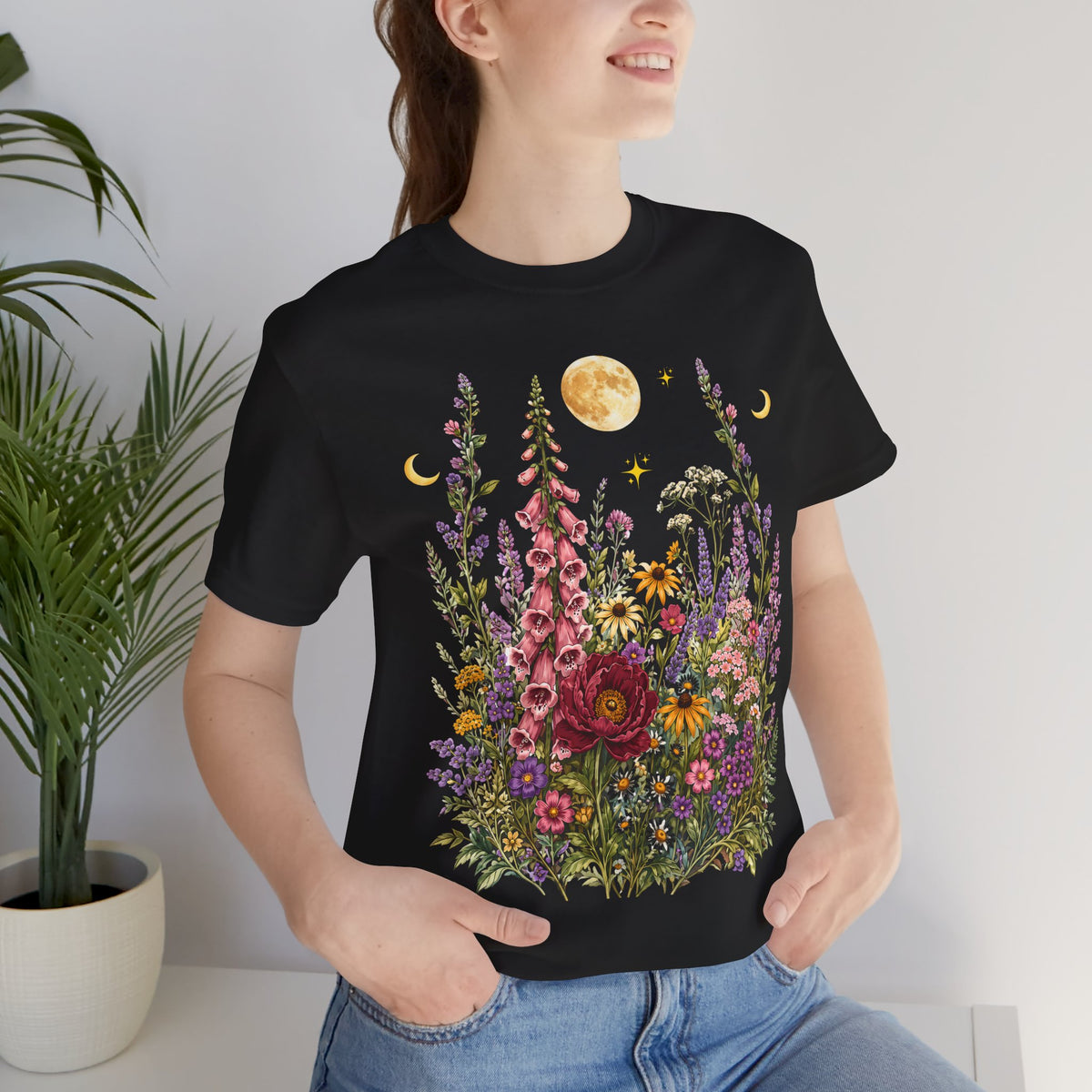 Floral Moon Garden T-Shirt, Vintage Wildflower & Celestial Graphic Tee - 14961