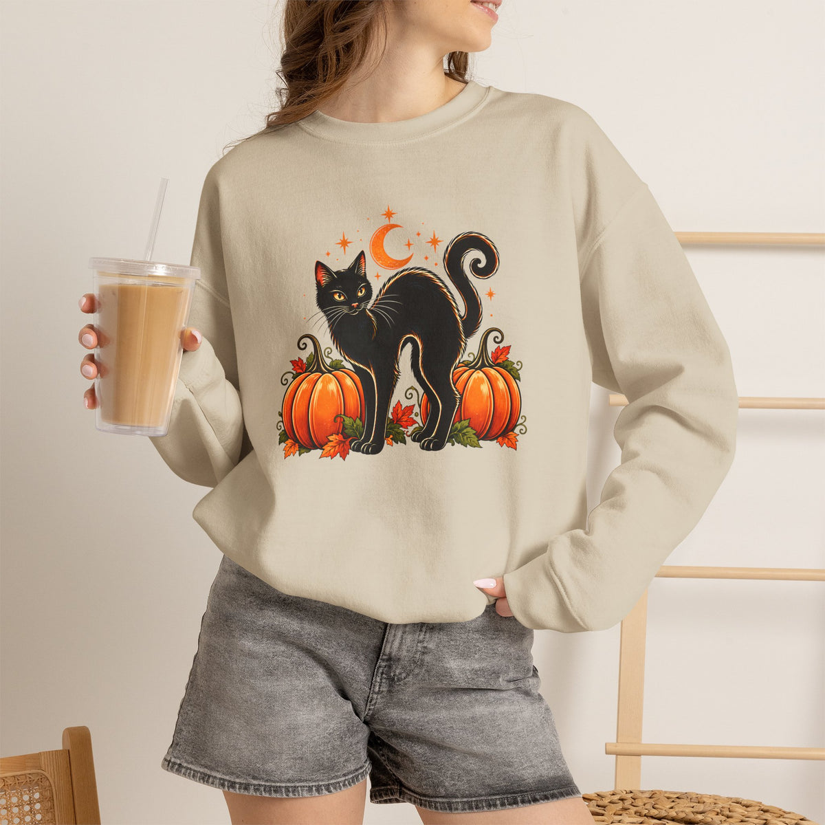 Halloween Black Cat & Pumpkins Sweatshirt, Vintage Autumn Crewneck - 14521