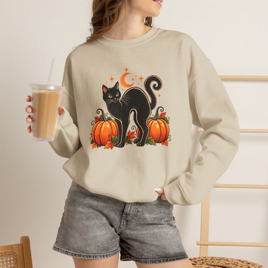 Halloween Black Cat & Pumpkins Sweatshirt, Vintage Autumn Crewneck - 14521
