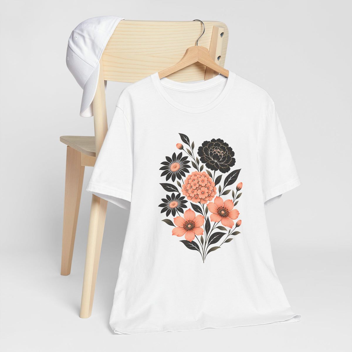 Floral Bouquet T-Shirt, Peach & Black Garden Flower Tee - 14502
