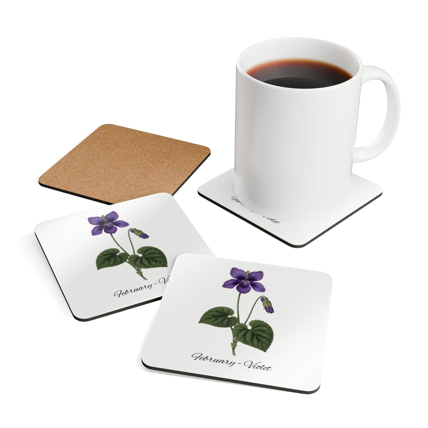 February Birth Flower Violet Cork Coaster Set – Personalized Name Gift - 14696