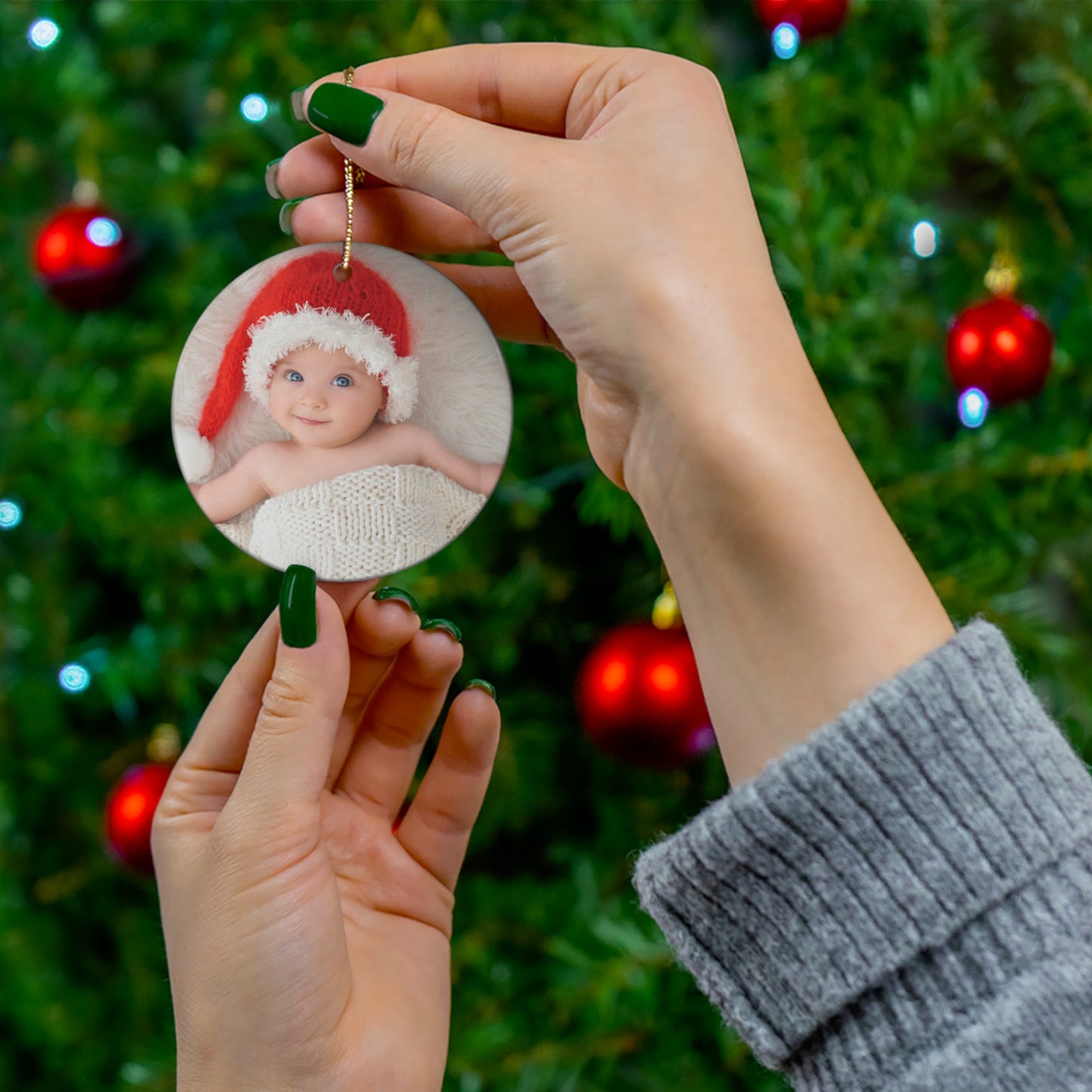 Christmas, Baby Photo, Customizable - Ceramic Ornament, 4 Shapes