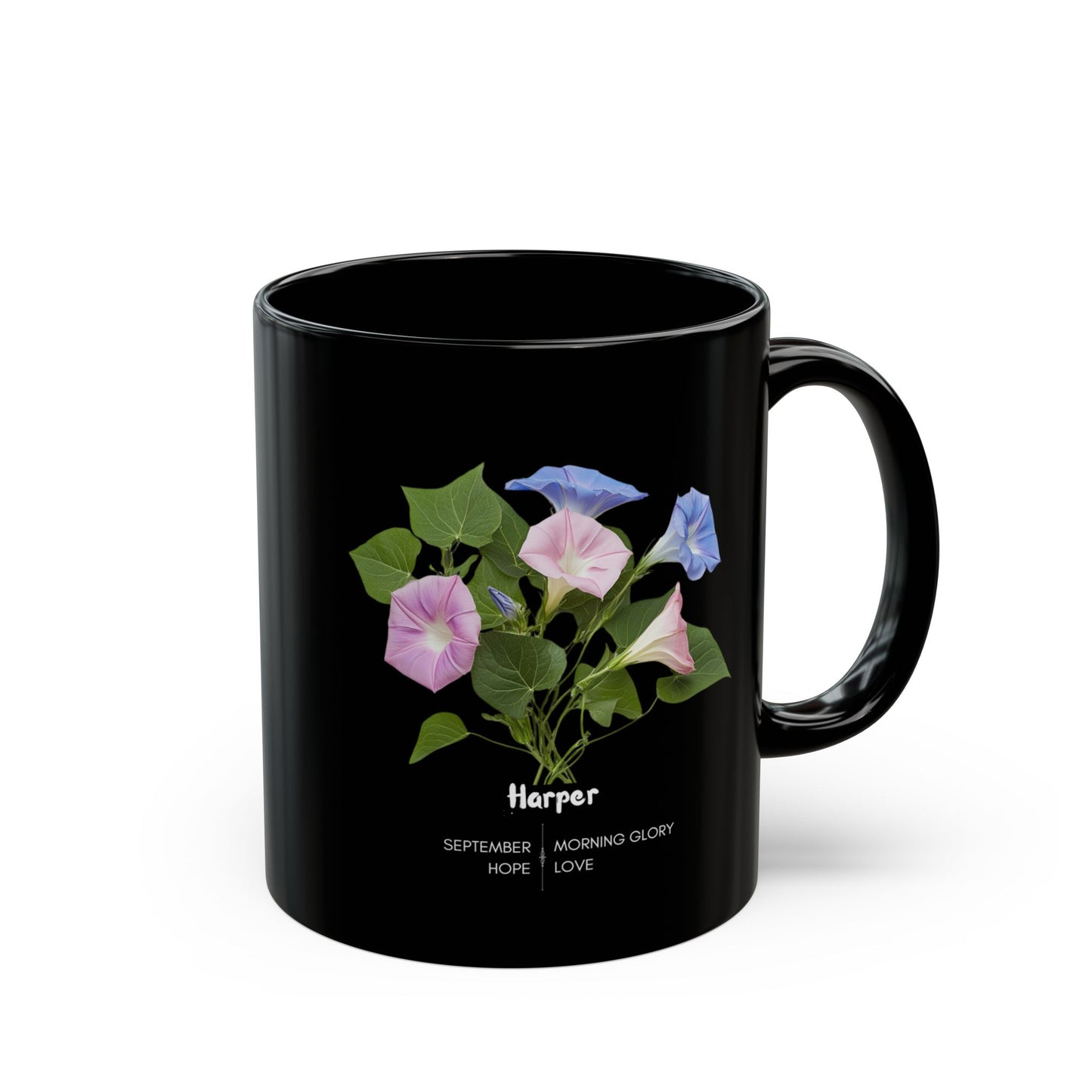 The Happy Birthday: September Born, Morning Glory Flower, Customizable - Black Mug (11oz, 15oz)