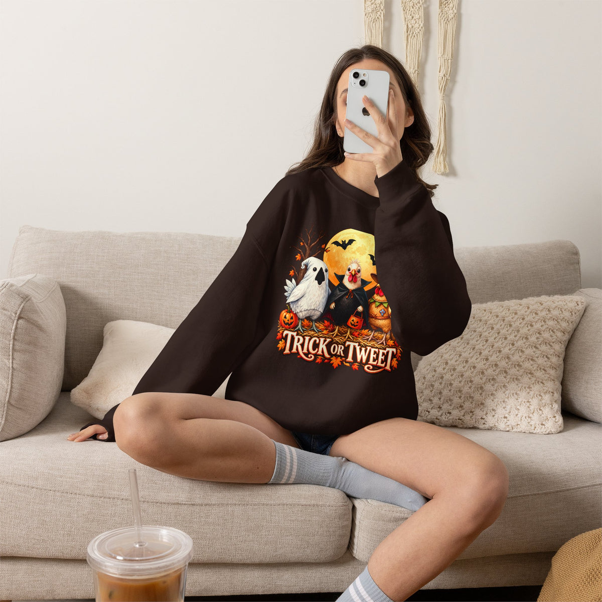 Trick or Tweet Halloween Sweatshirt, Cute Costume Chickens & Ghost Crewneck- 14512