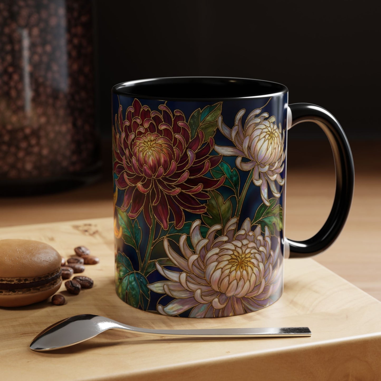 Chrysanthemum Floral Accent Coffee Mug — Stained Glass Design (11/15oz) - 14541