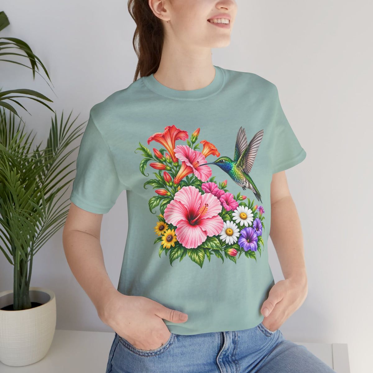 Hummingbird & Hibiscus T-Shirt, Colorful Tropical Floral Garden Tee - 14542