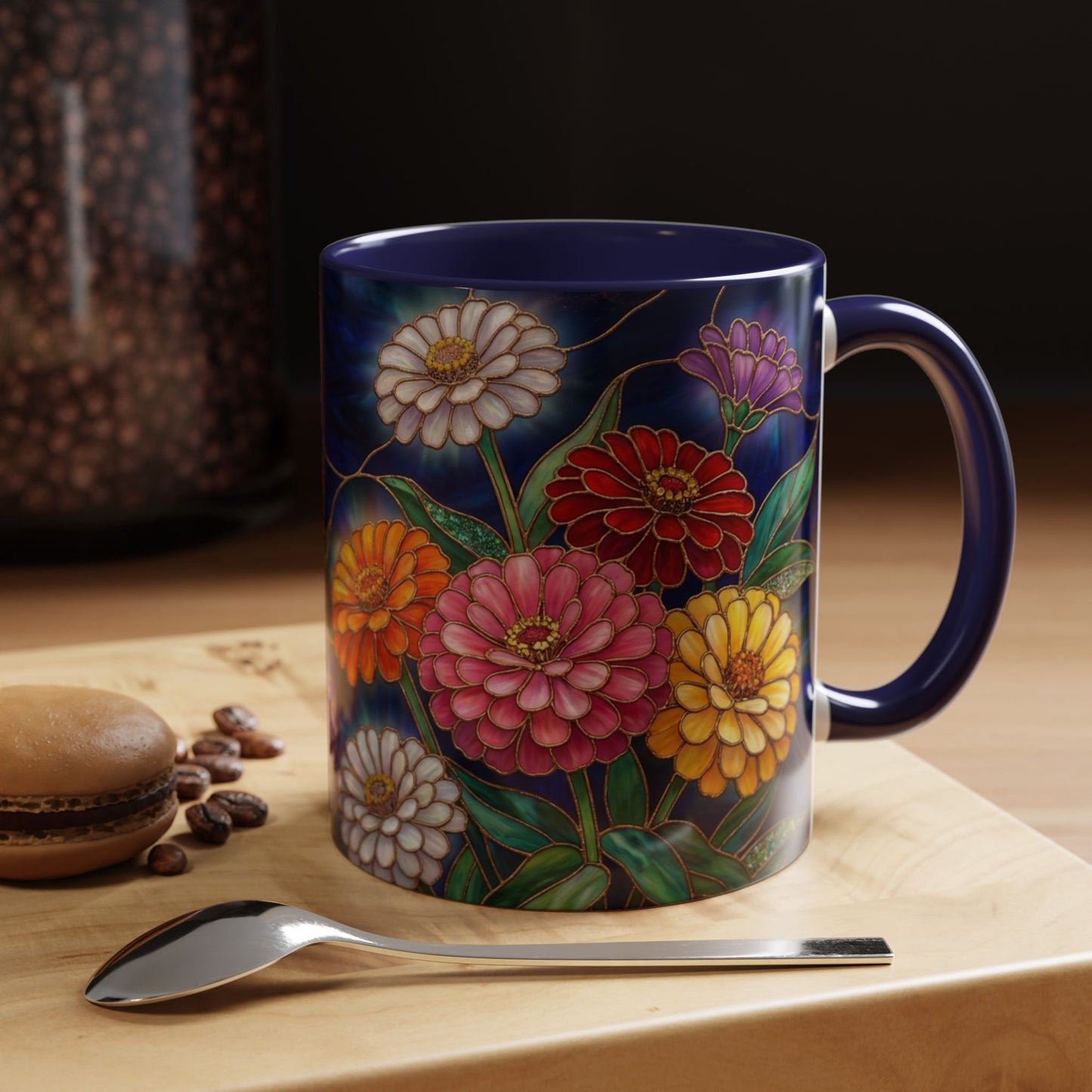Zinnias Floral Accent Coffee Mug — Stained Glass Design 11/15oz - 14591