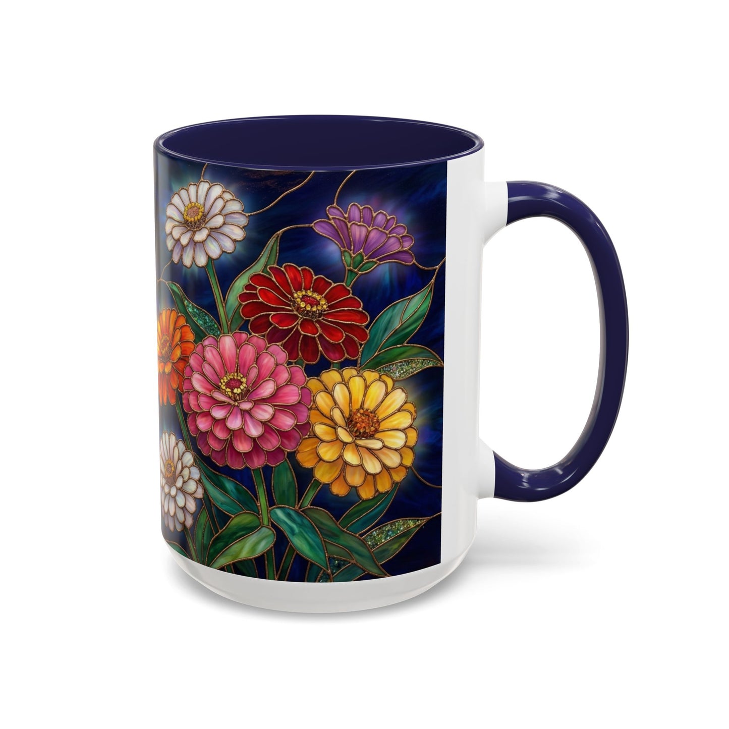 Zinnias Floral Accent Coffee Mug — Stained Glass Design 11/15oz - 14591