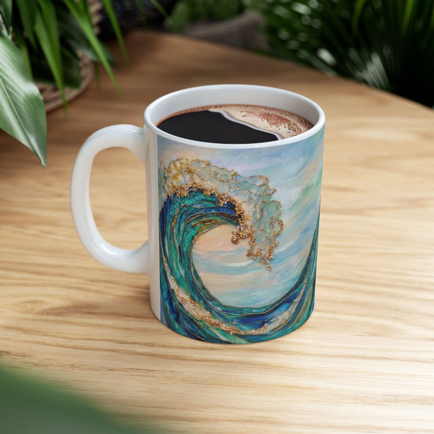 Ocean Wave Ceramic Mug — Teal & Gold Coastal Art Coffee Cup (11oz, 15oz) - 14522
