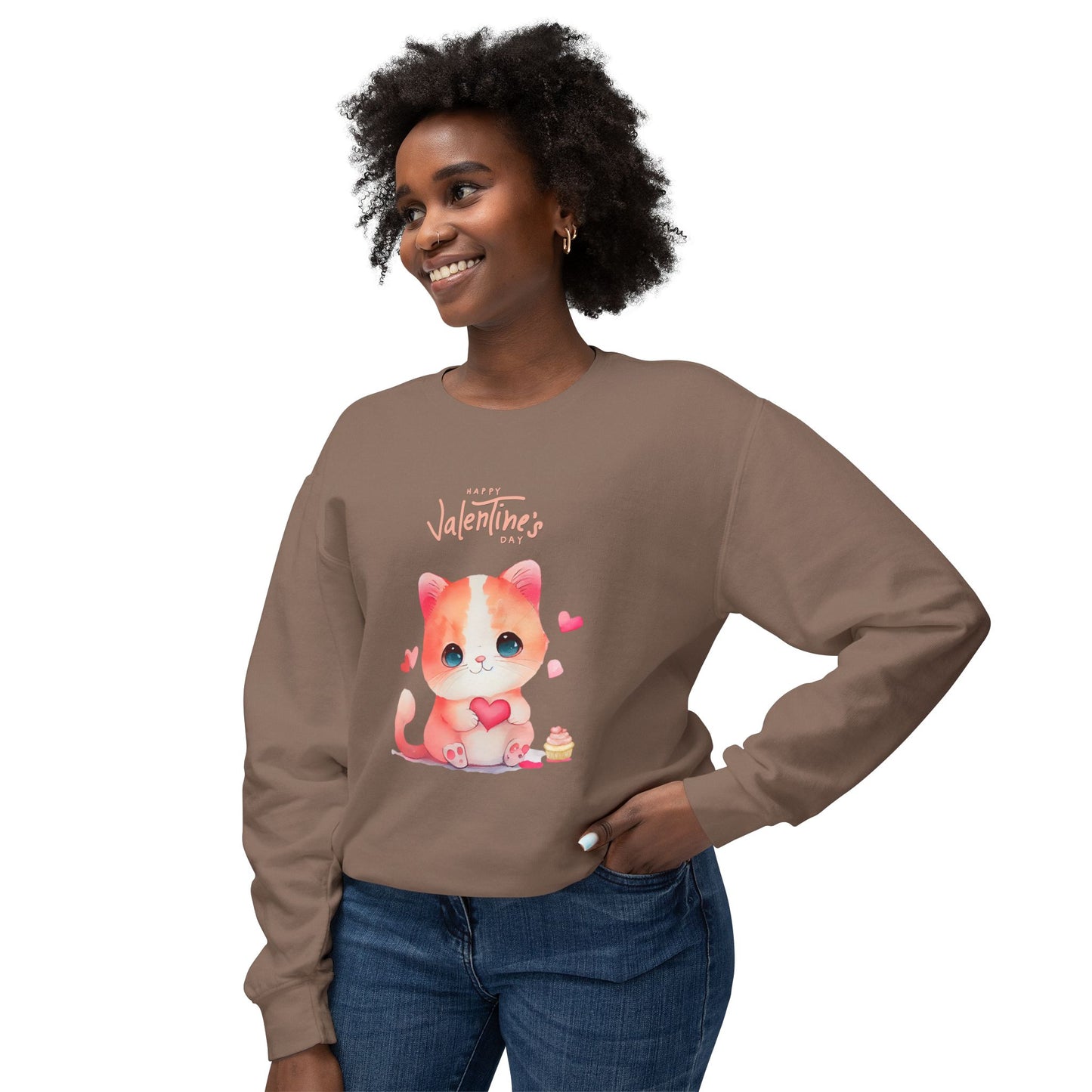 Kitten, Happy Valentine's Day - Unisex Lightweight Crewneck Sweatshirt - 11352