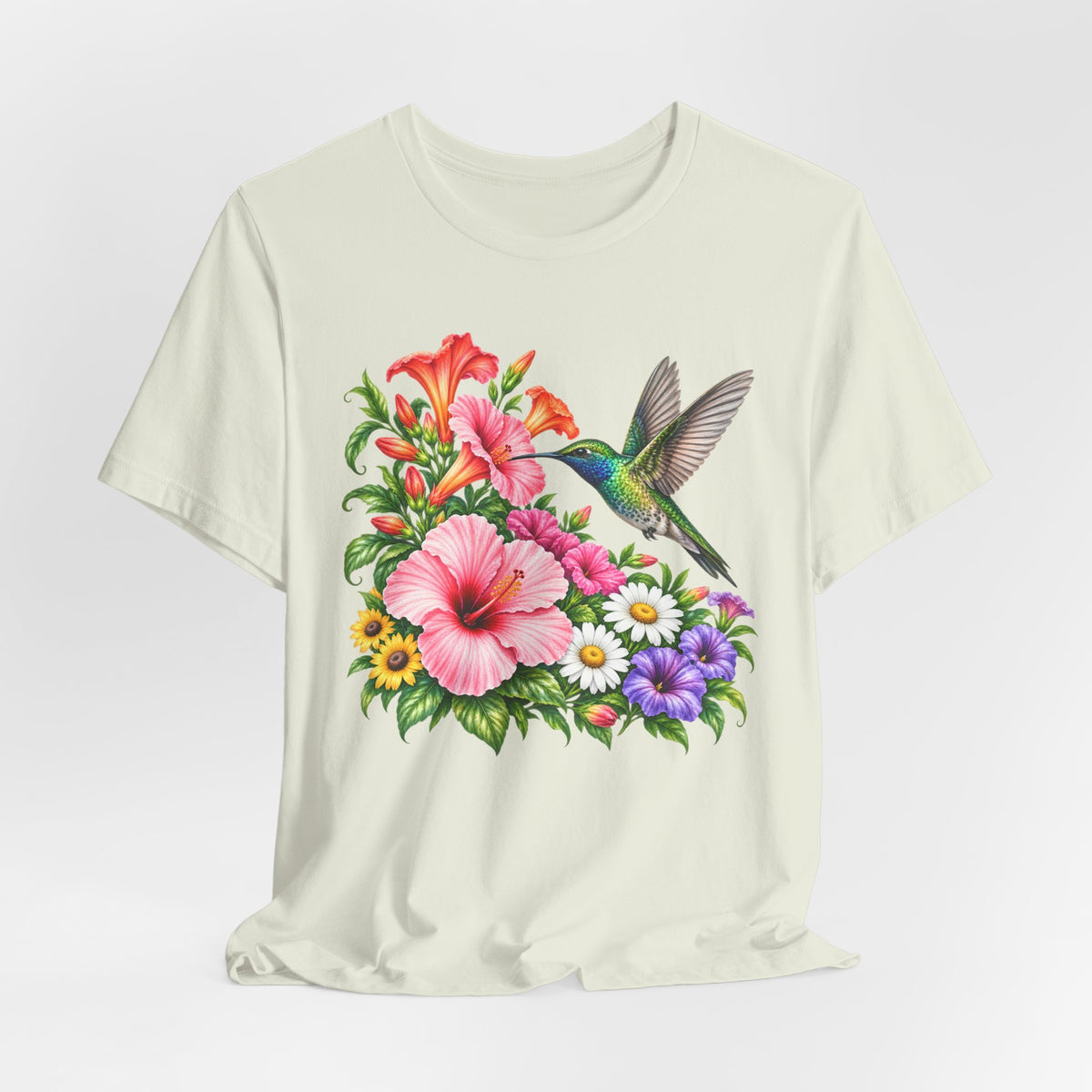 Hummingbird & Hibiscus T-Shirt, Colorful Tropical Floral Garden Tee - 14542