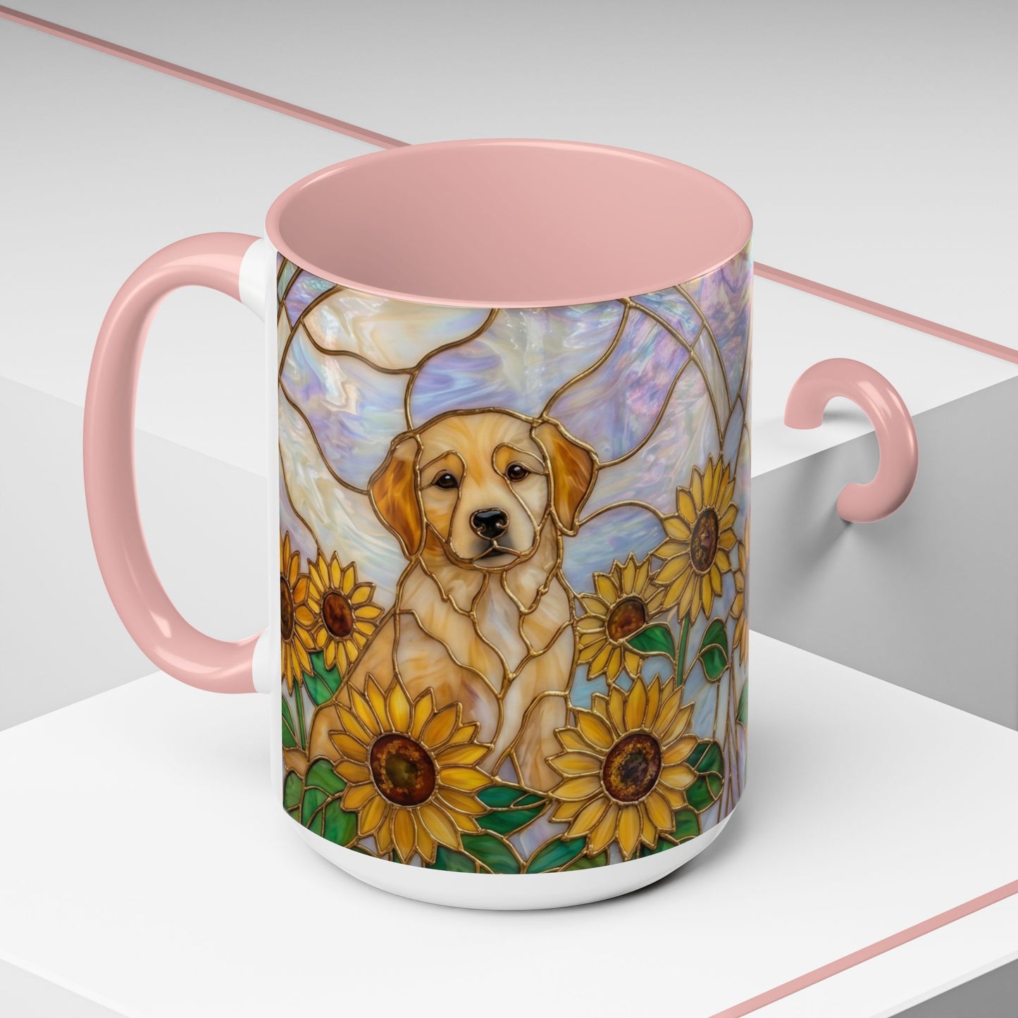 Sunflower Golden Retriever P uppiesAccent Coffee Mug –  Stained Glass Design (11/15 oz) - 14527
