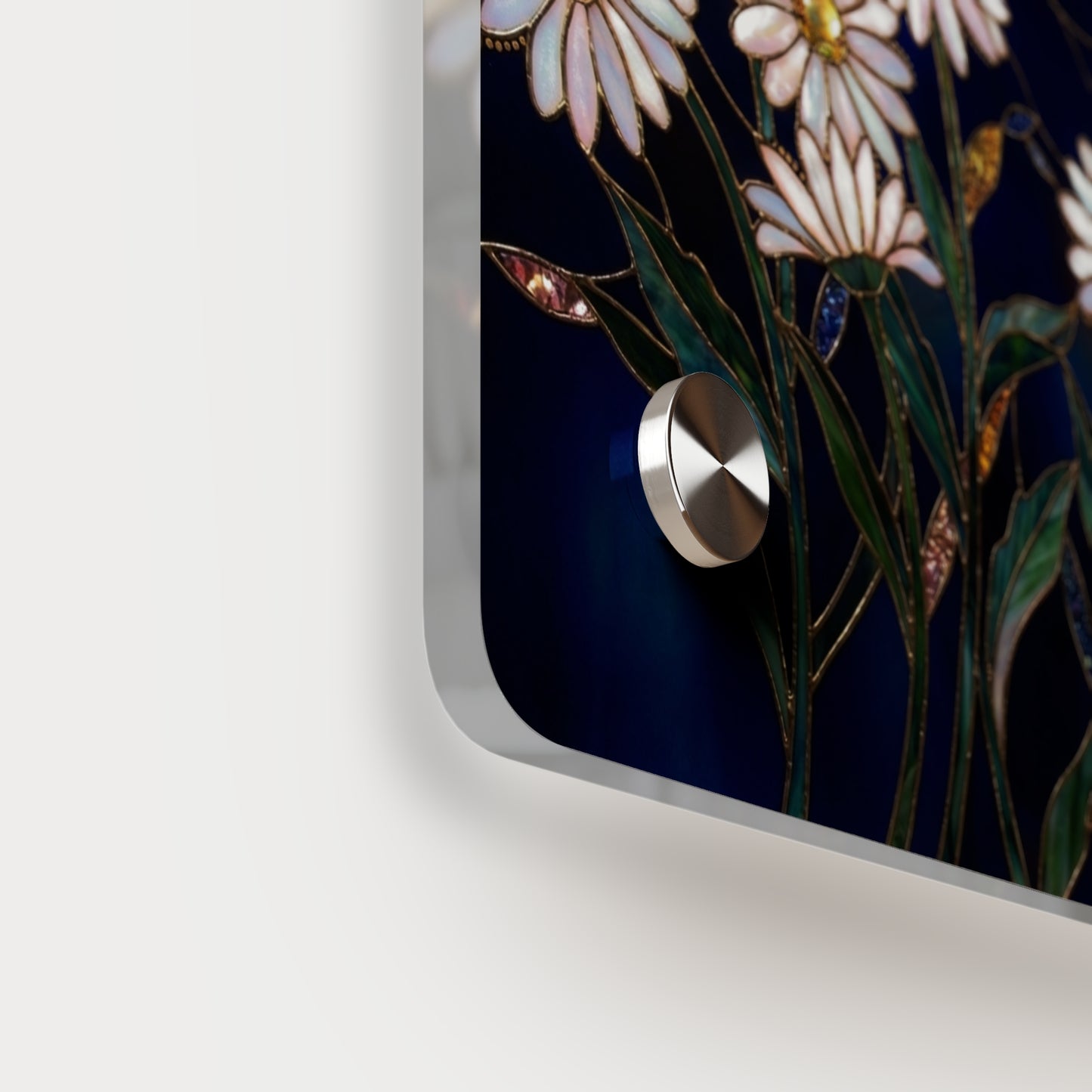 Daisy Stained-Glass Acrylic Wall Art Panel — White Daisies on Deep Blue Background - 14602