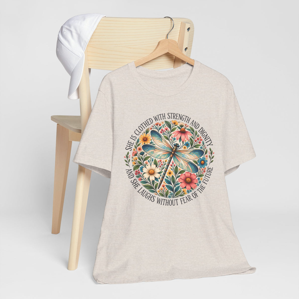 Dragonfly Floral T-Shirt, “She Is Clothed With Strength and Dignity” Inspirational Women’s Tee - 14993