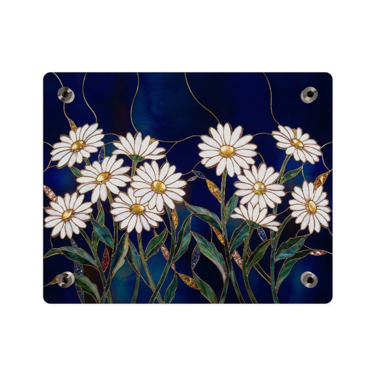 Daisy Stained-Glass Acrylic Wall Art Panel — White Daisies on Deep Blue Background - 14602