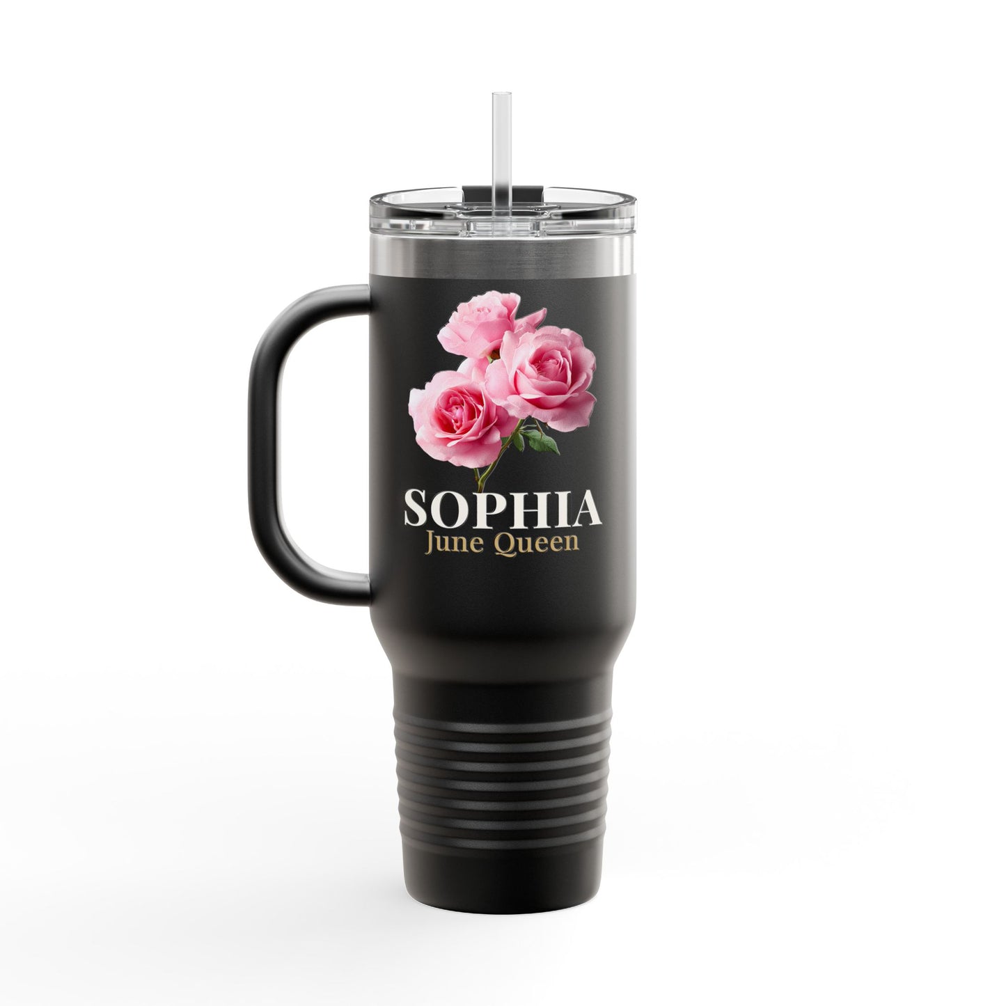 Personalized June Queen 40oz Travel Mug – Custom Name Floral Insulated Tumbler Gift for Her - 14903