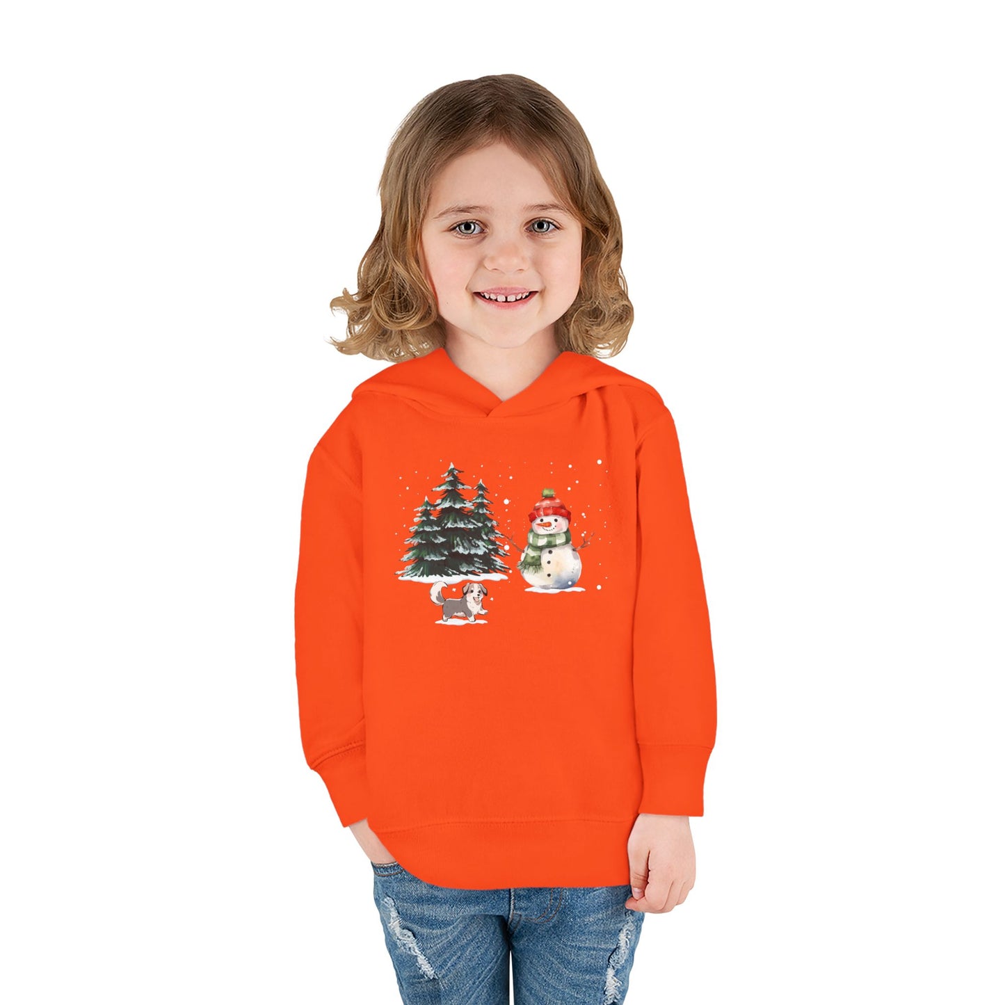 Winter Trees, Snowman & Puppy - Toddler Pullover Fleece Hoodie - 10270