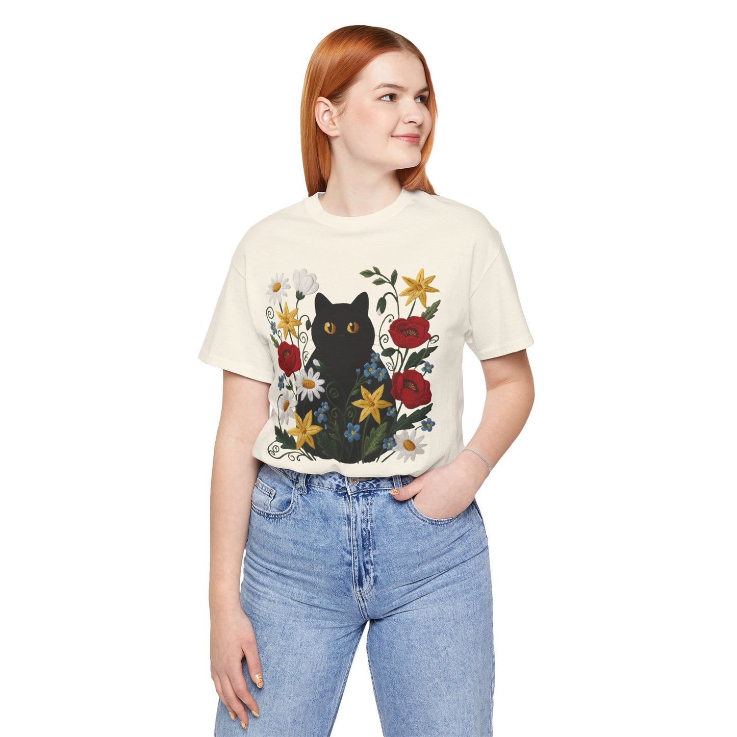 Black Cat in Wildflowers T-Shirt — Floral Cat Tee for Cat Lovers - 14921