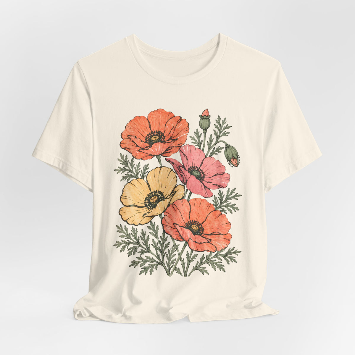 Floral Poppies T-Shirt, Vintage Wildflower Graphic Tee - 14988