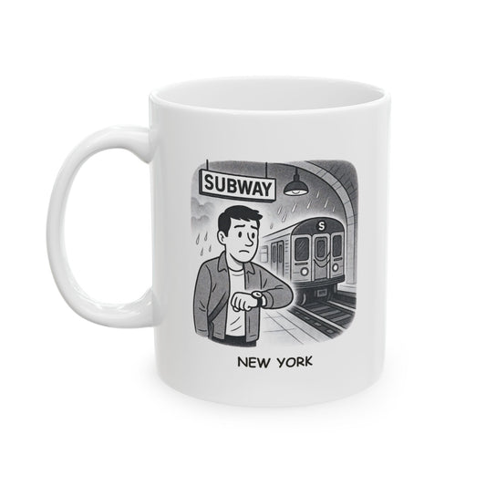 "New York: Where the only thing more unpredictable than the weather is the subway schedule." Ceramic Mug, (11oz, 15oz) - 12845