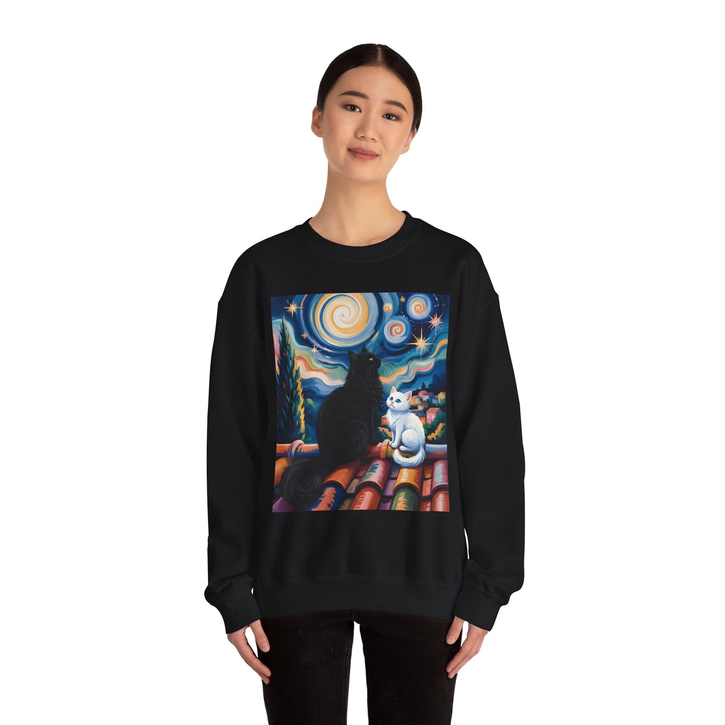 Crewneck Sweatshirt – Starry Night Cats Art, Van Gogh Inspired | Cat Lovers Gift - 14757