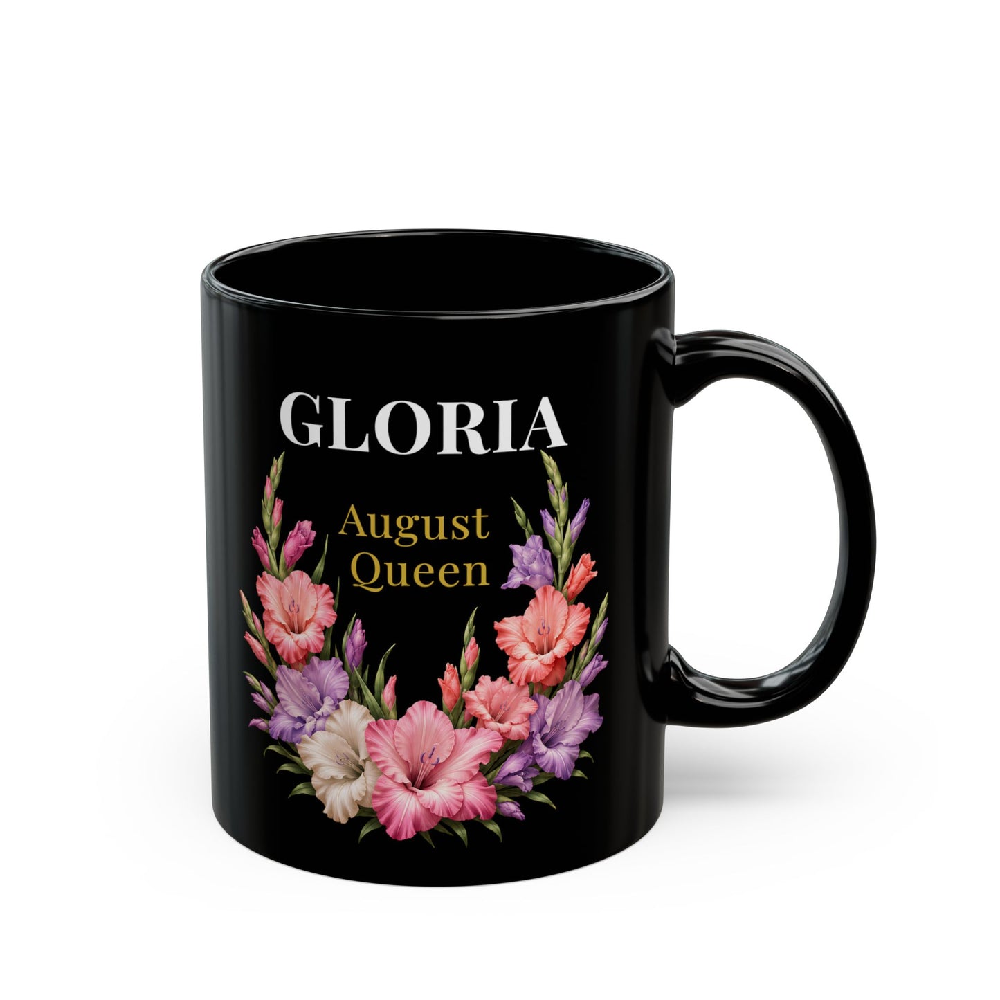 Personalized August Queen Floral Black Mug — Custom Name Birthday Gift (11oz/15oz) - 14916