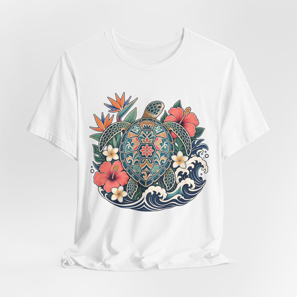 Sea Turtle Floral T-Shirt, Hawaiian Turtle Graphic Tee - 14973