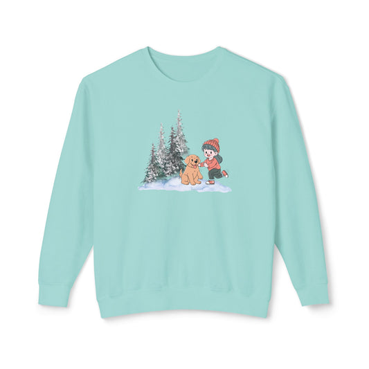 Winter Trees, Girl & Doggy - Unisex Lightweight Crewneck Sweatshirt - 10262