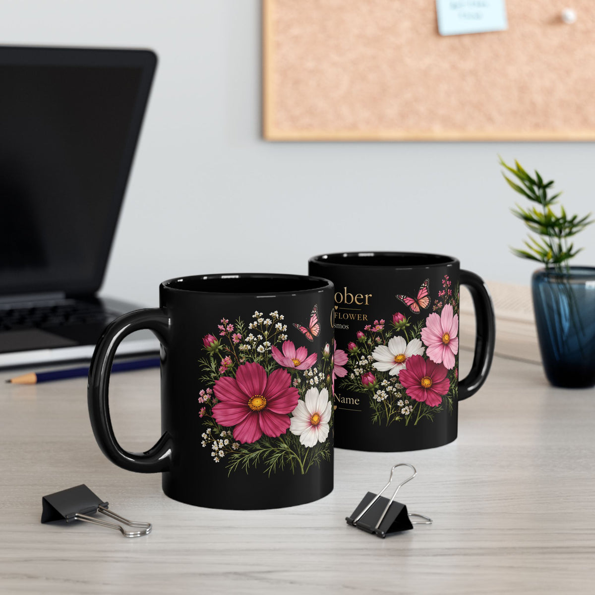 October Birth Flower Mug, Personalized Cosmos Black Coffee Cup - 14980
