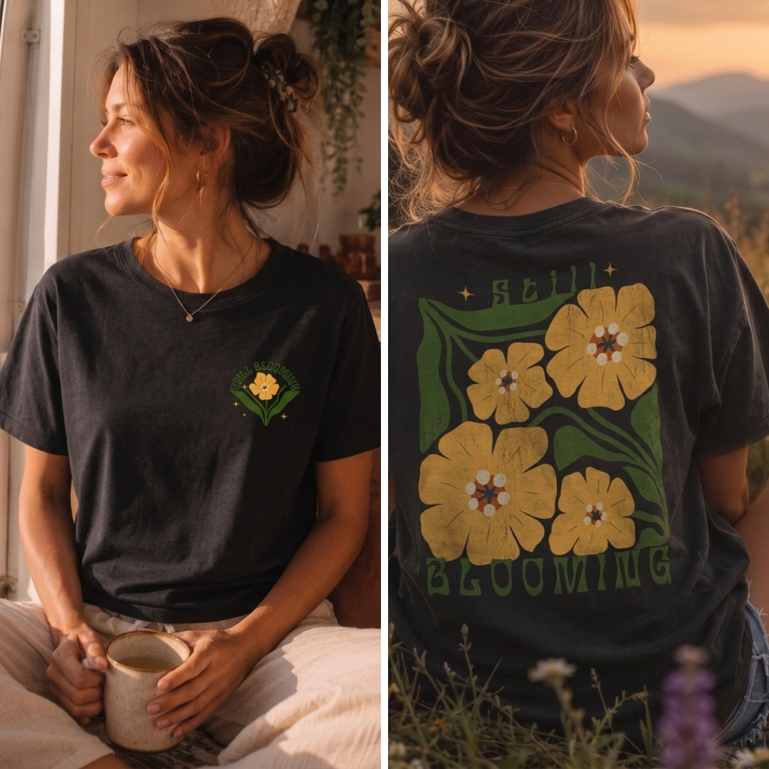 Still Blooming Floral T-Shirt, Retro Yellow Flower Graphic Tee  - 14957