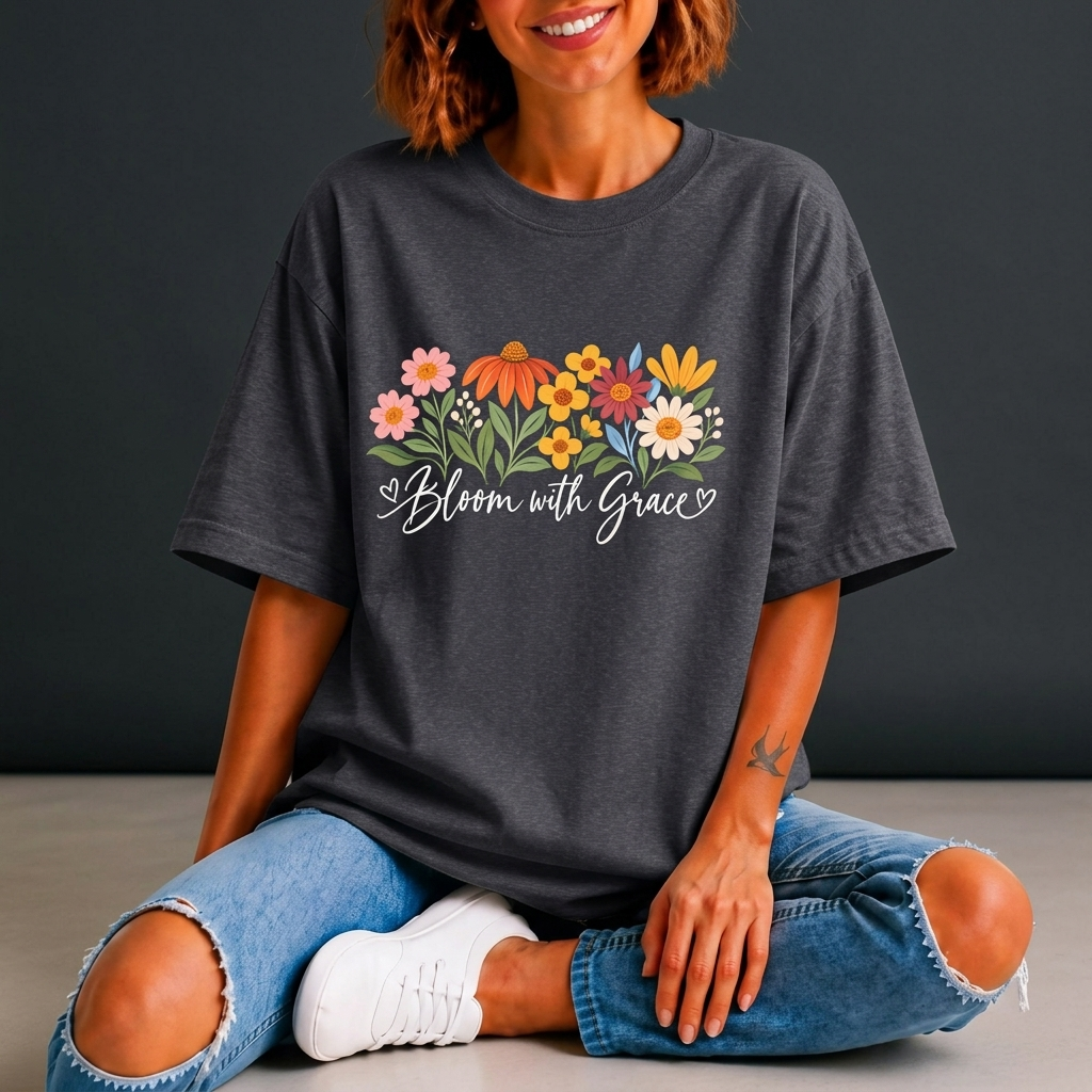 Bloom With Grace Floral T-Shirt, Women’s Inspirational Flower Tee - 14983