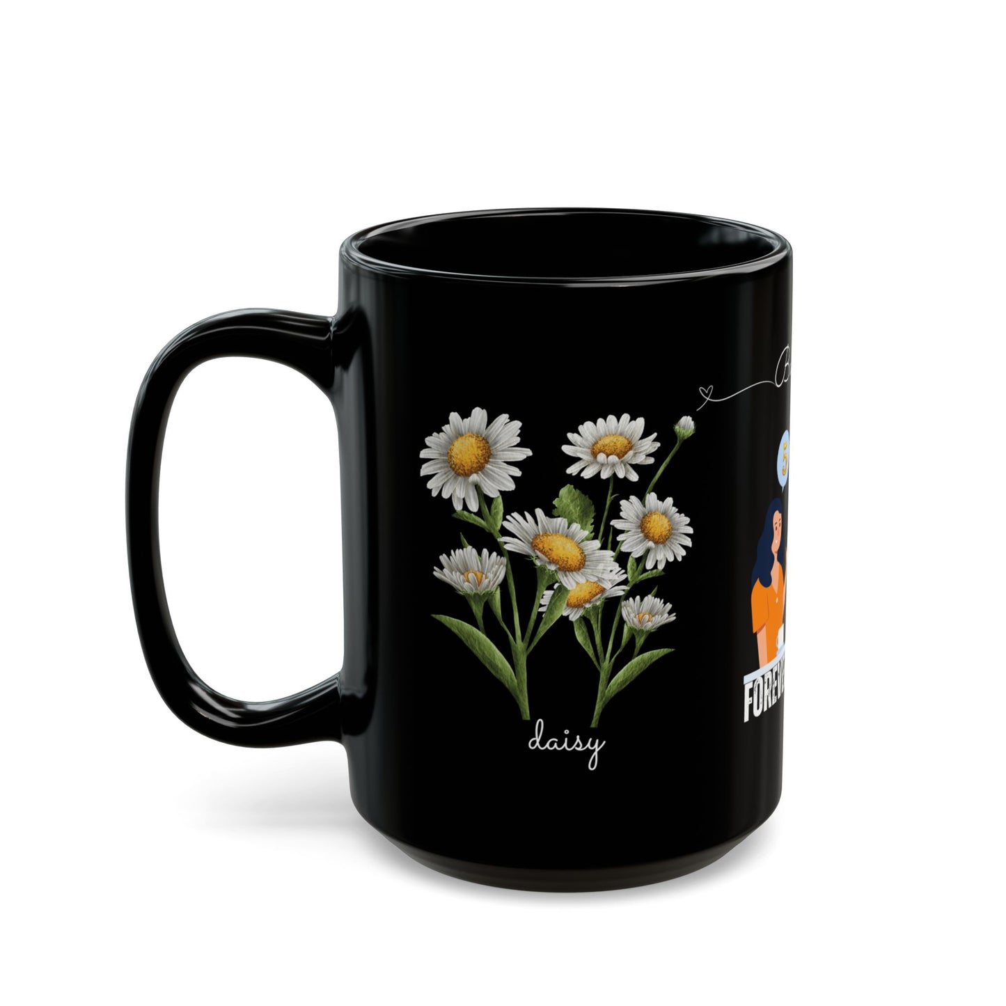 Happy Birthday, April, Featuring Daisy and Sweet Pea - Customizable - Ceramic Black Mug (11oz, 15oz) - 10480