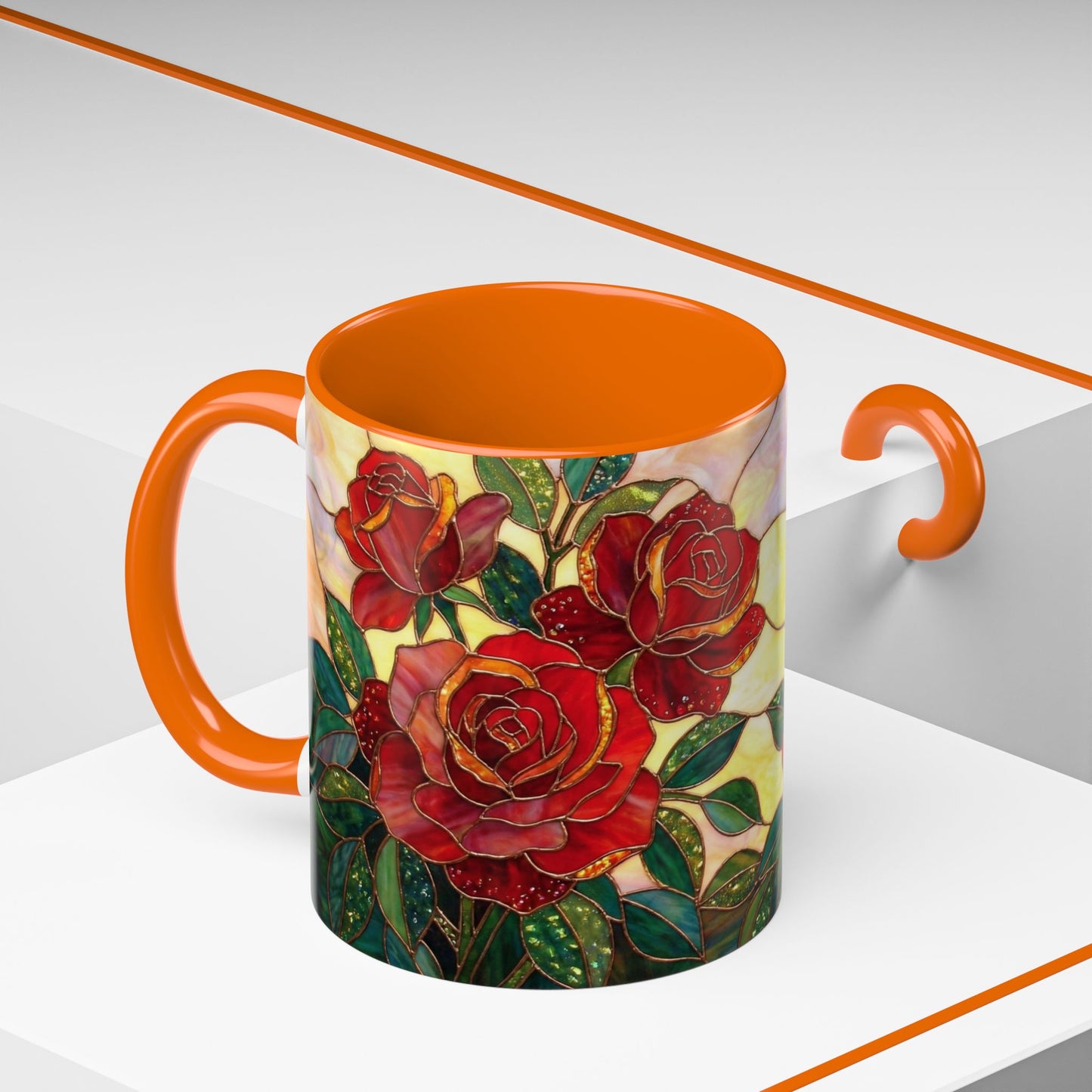 Rose Stained Glass Accent Coffee Mug – Red Roses Floral 11/15oz - 14539